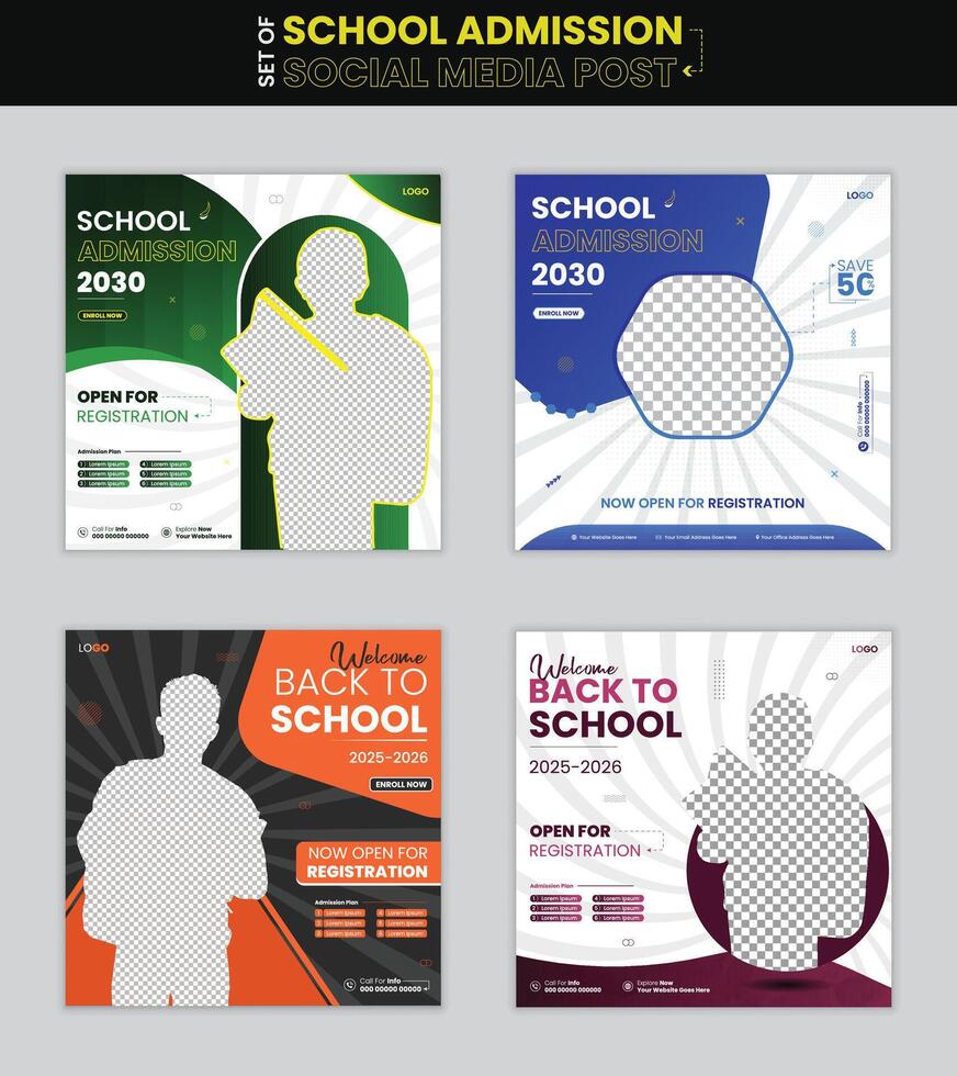 Modern school admission social media post template set, Bundle of back to school square flyer poster web banner design vector