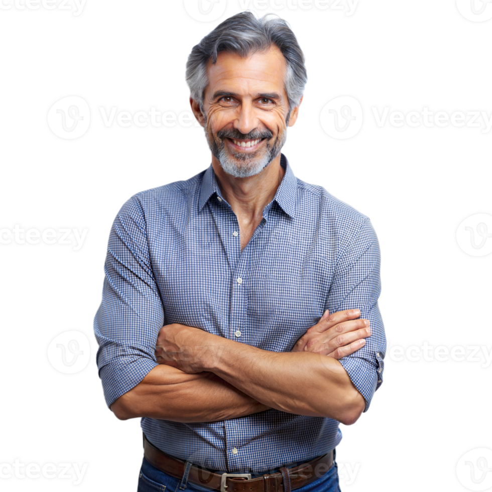 Smiling Middle-Aged Man With Arms Crossed Standing Against a Transparent Background png