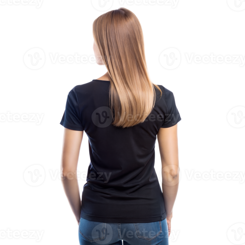Woman Wearing a Black T-Shirt Standing Backwards png