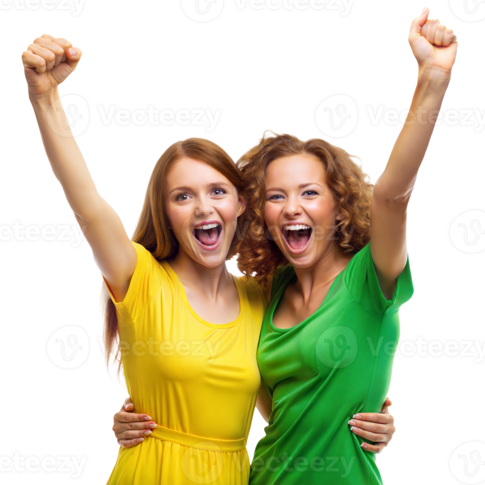Two Women Celebrating a Victory With Raised Fists on Transparent Background png