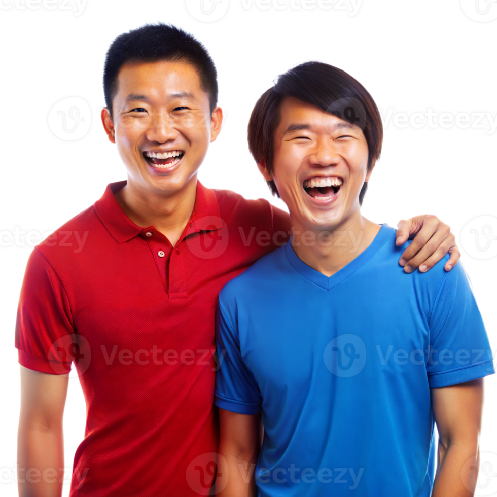 Two Asian Men Smiling and Laughing Together in Casual Clothing on Transparent Background png