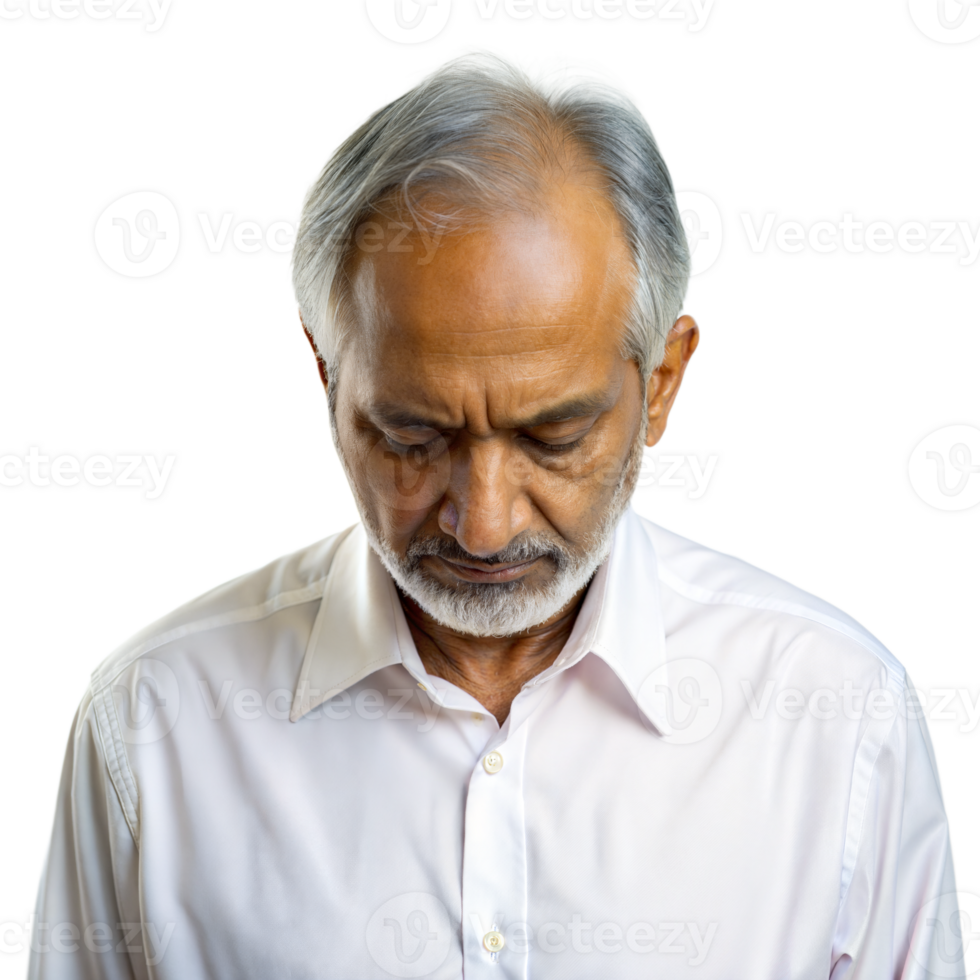 Senior Man With White Shirt Looking Down in Thoughtful Pose png