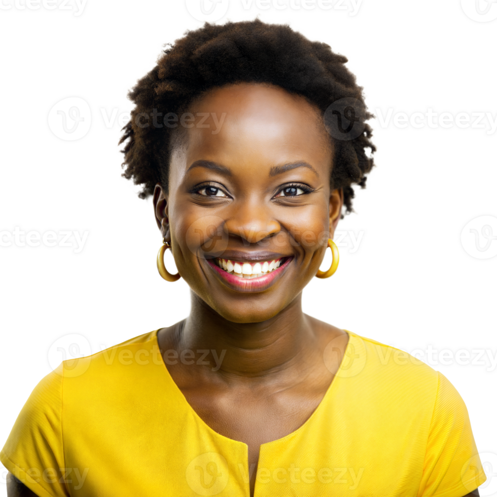 Smiling Woman With Short Black Hair Wearing a Yellow Shirt png