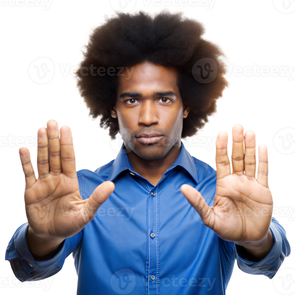 Man With Afro Hair Making Stop Gesture With Both Hands png