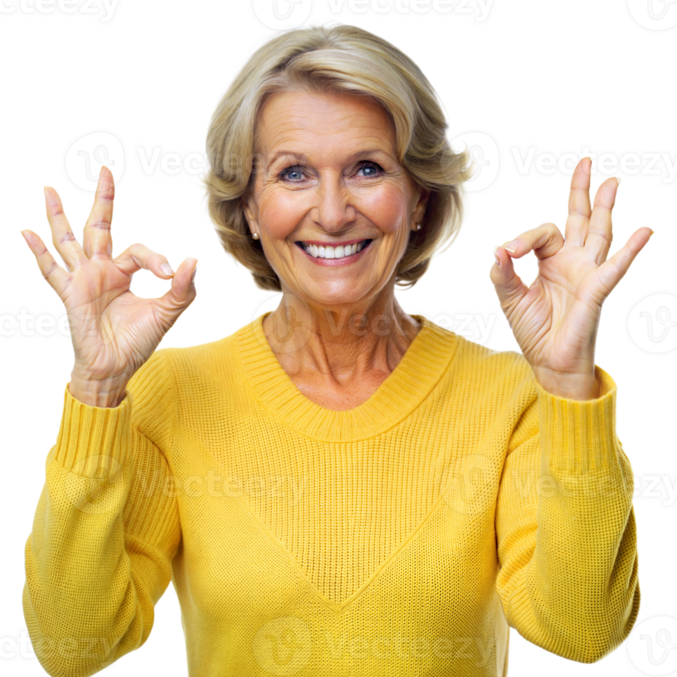 Smiling Senior Woman Gesturing Okay With Both Hands in Yellow Sweater png