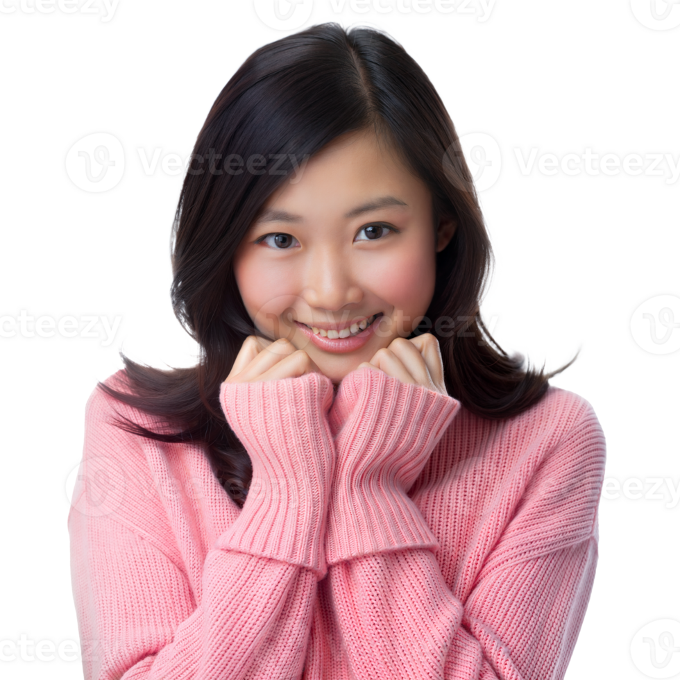 Smiling Young Woman Wearing Pink Sweater on Transparent Background png