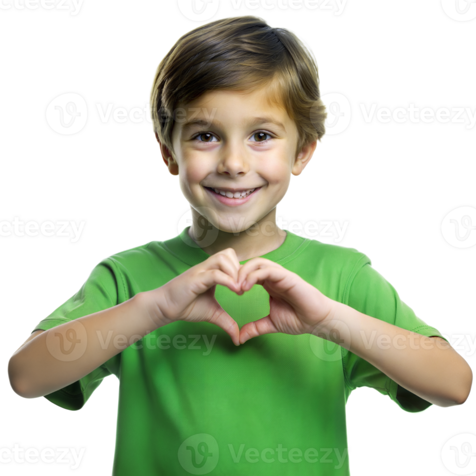 Happy Young Boy Making Heart Shape With Hands in Green Shirt png