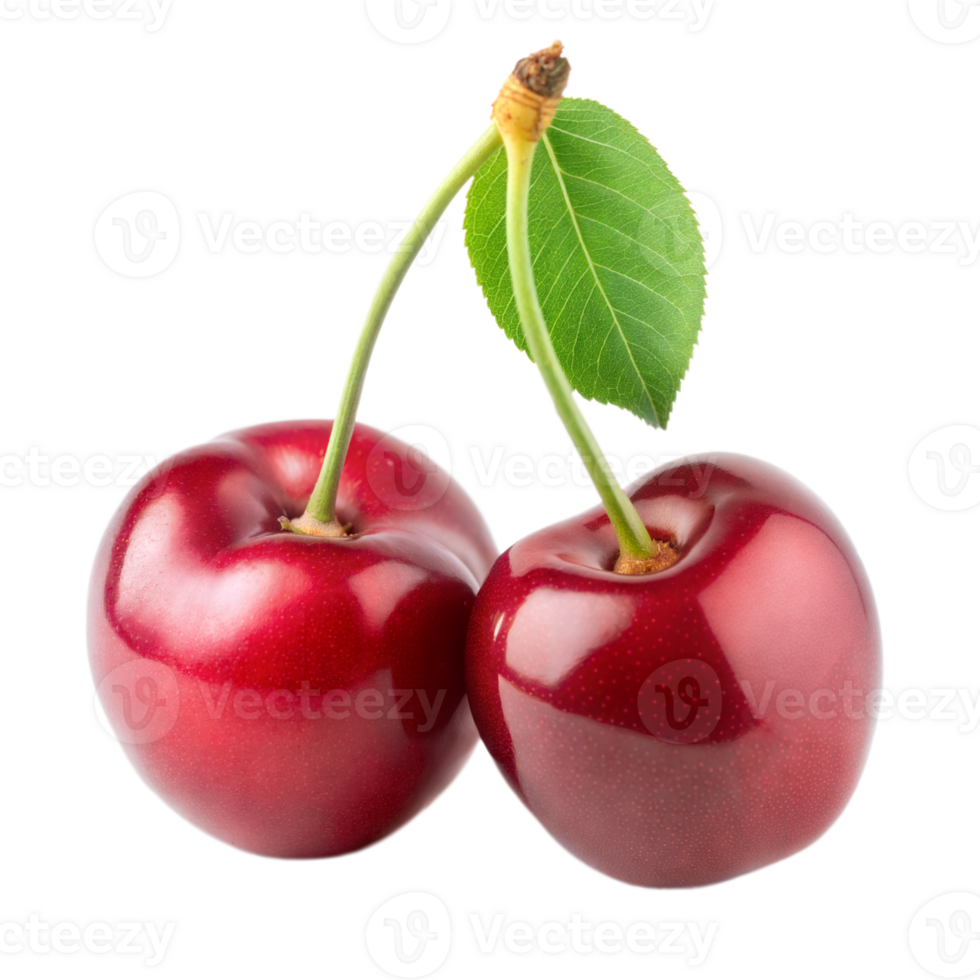 Two Red Cherries With Green Stem and Leaf png