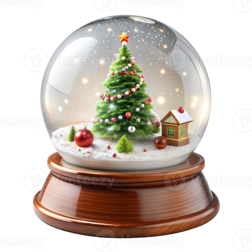 Christmas Snow Globe With Decorated Tree and Miniature House on Transparent Background png