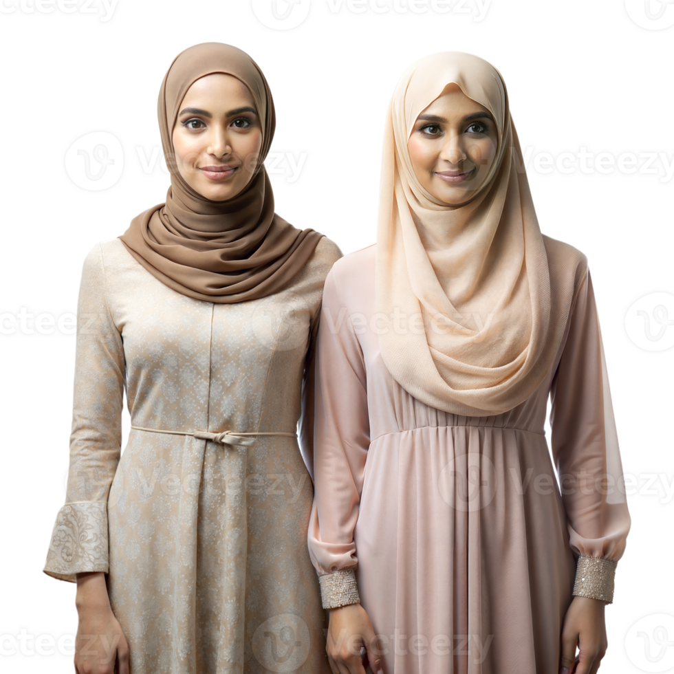 Two Muslim Women Wearing Hijabs and Dresses on Transparent Background png
