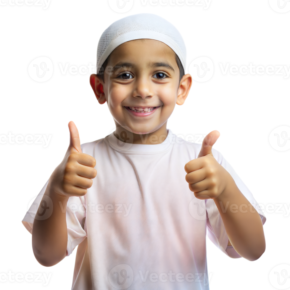 Happy Young Boy Wearing White T-Shirt and Skullcap Giving Thumbs Up png