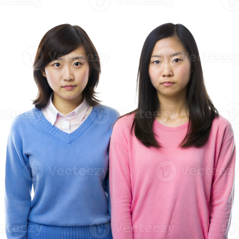 Two Young Asian Women Standing Side By Side Wearing Sweaters on Transparent Background png
