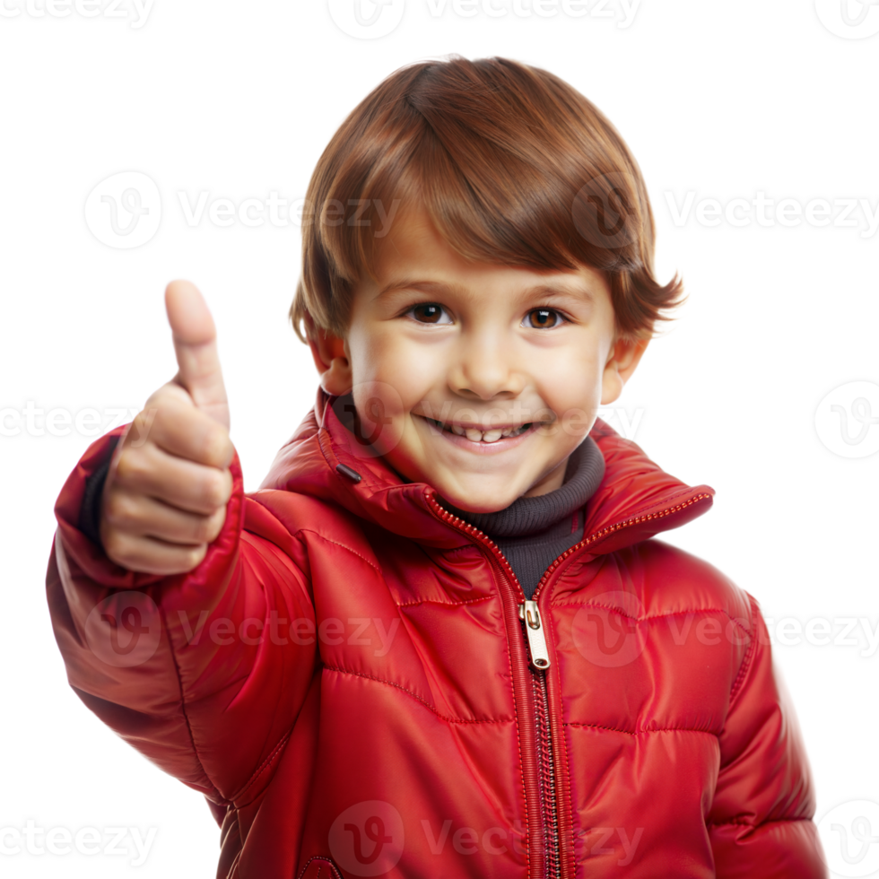 Smiling Boy Giving Thumbs Up Wearing Red Winter Jacket png