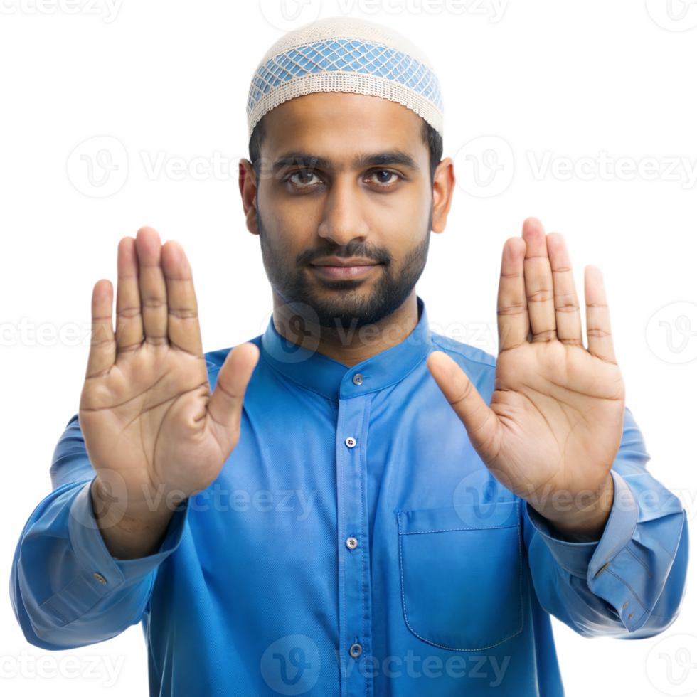 Young Muslim Man Wearing Blue Shirt and White Cap Gesturing Stop With Both Hands png