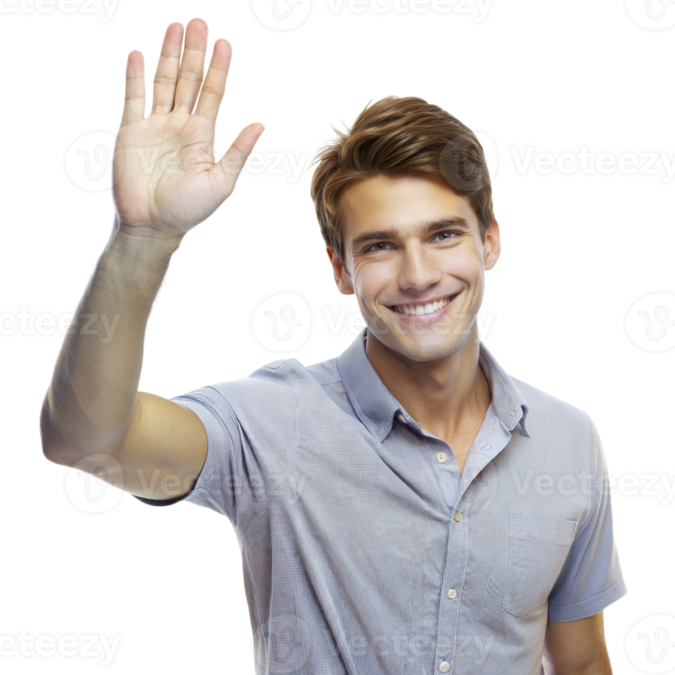 Smiling Man Waving Hello With Right Hand, Isolated on Transparent Background png