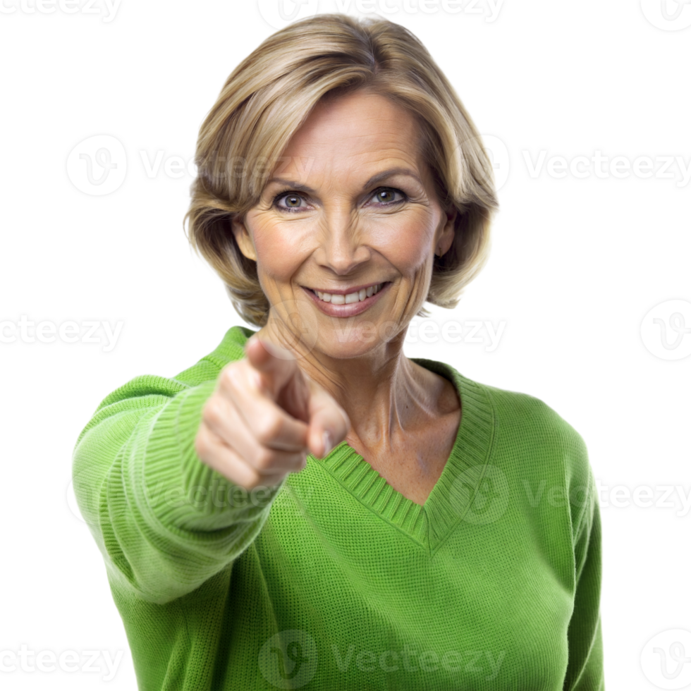 Smiling Woman Pointing Finger at Camera With Green Sweater png