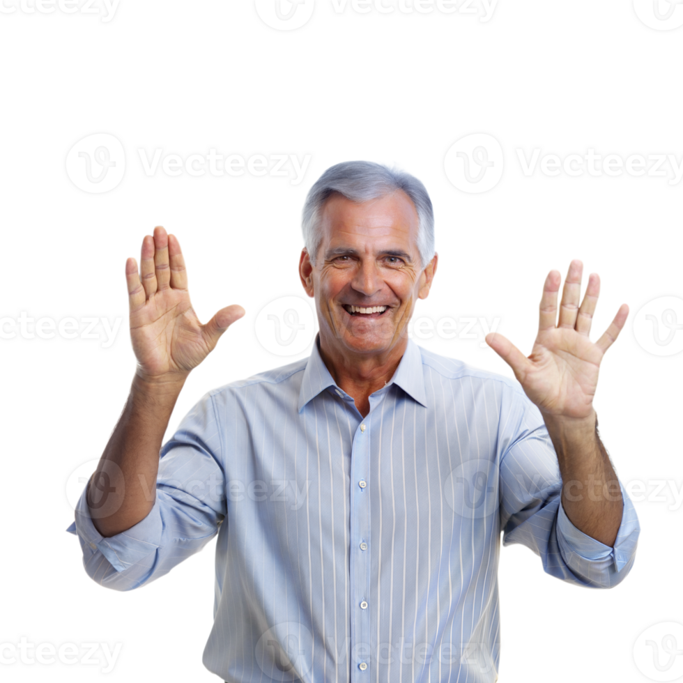 Smiling Senior Man Raising Both Hands in Greeting png