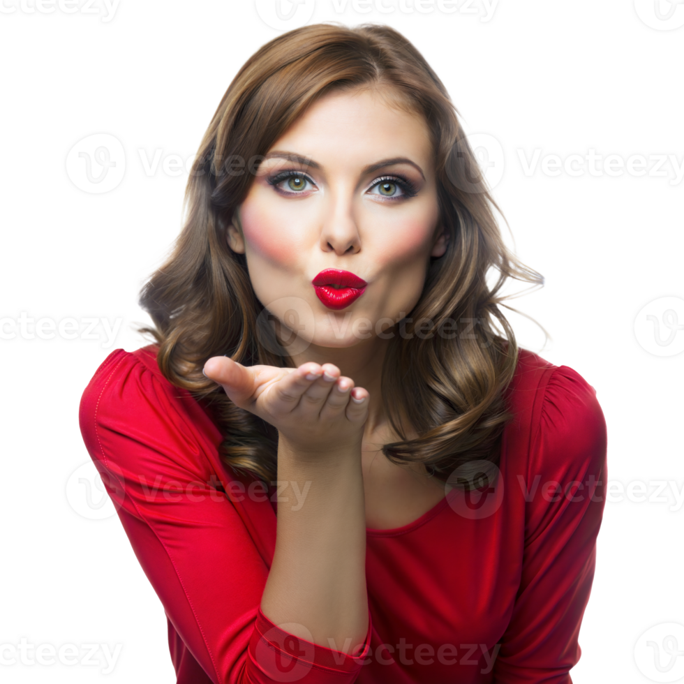 Beautiful Woman Blowing a Kiss in Red Dress png