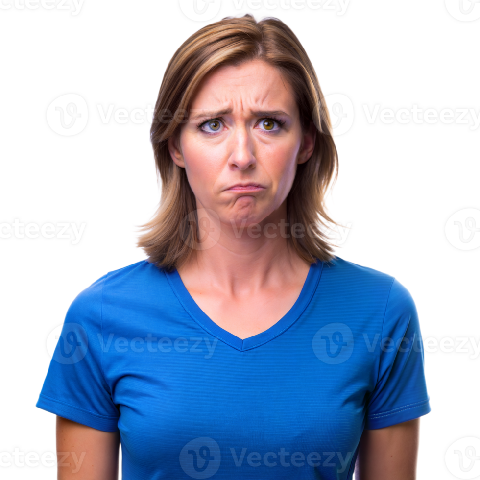 Woman Wearing Blue Shirt Looks Disappointed In Studio png