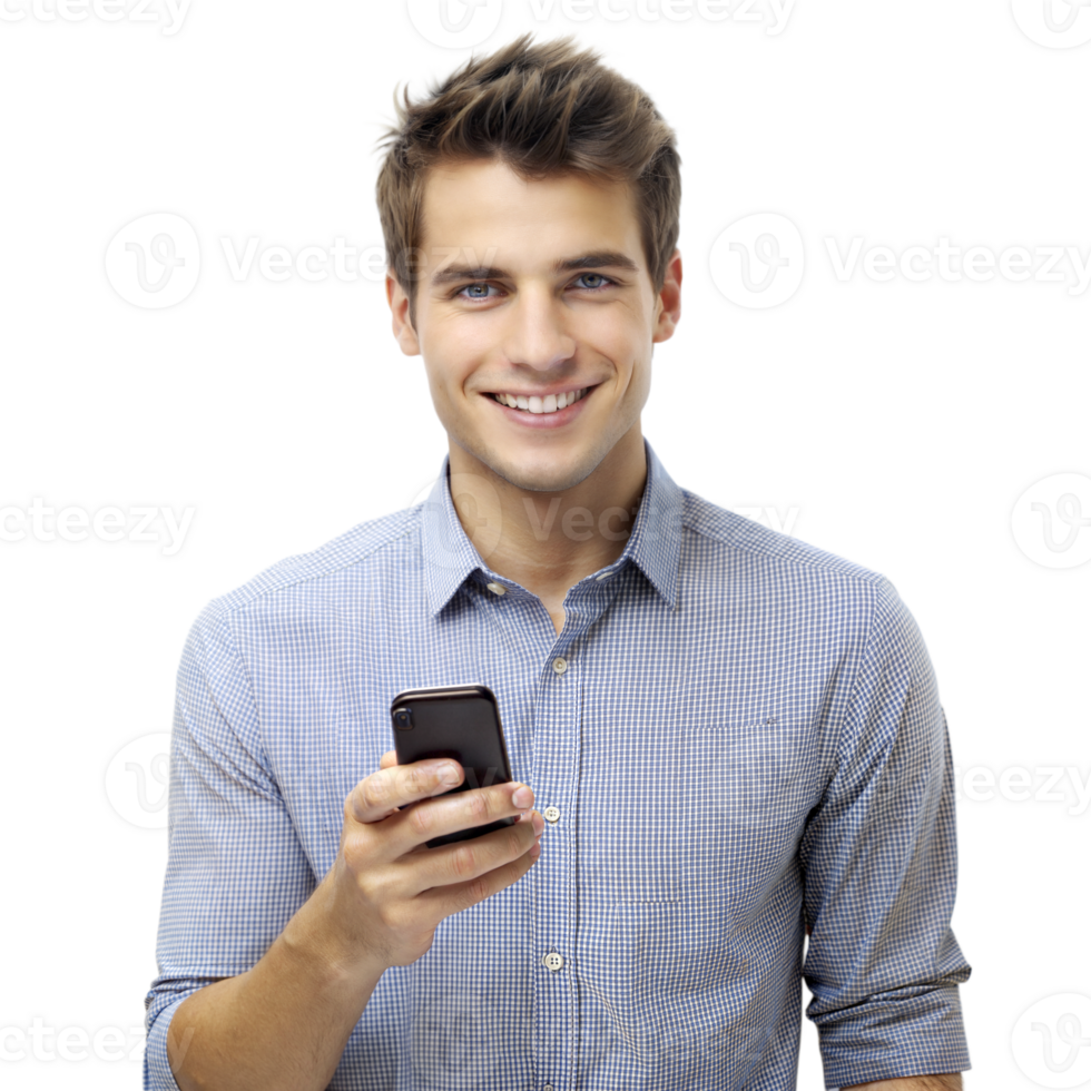 Smiling Man Using Smartphone in Blue Plaid Shirt png