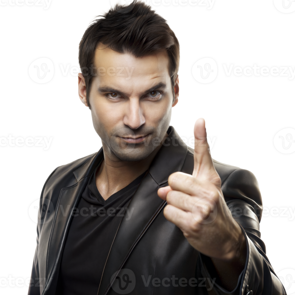 Man in Black Leather Jacket Points Finger at Camera With Serious Expression png