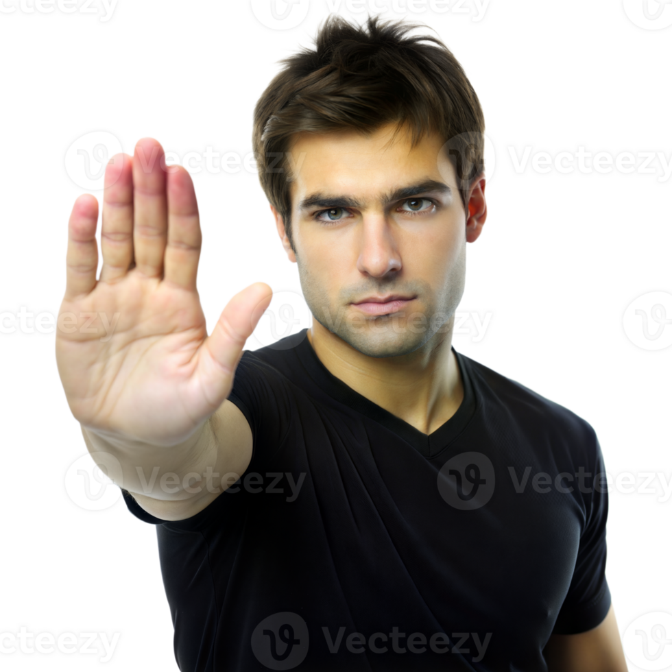 Man Holding Up Hand in Stop Gesture png