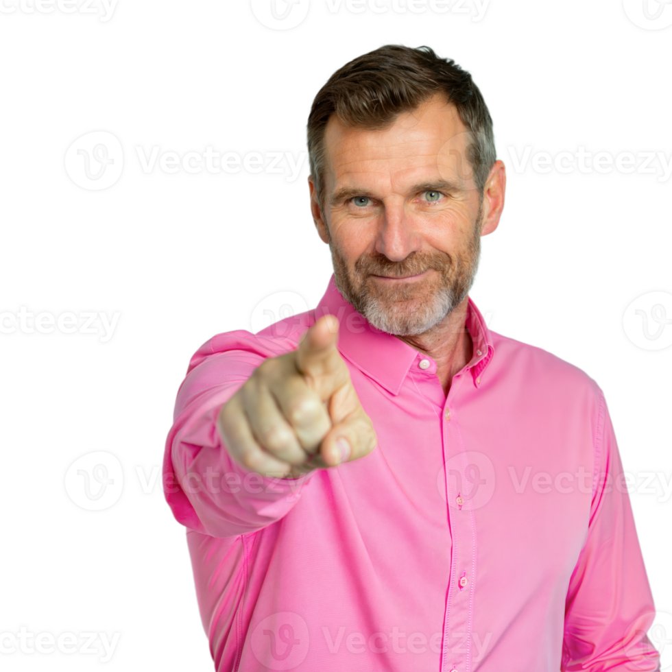 Man In Pink Shirt Points Finger Toward Camera png