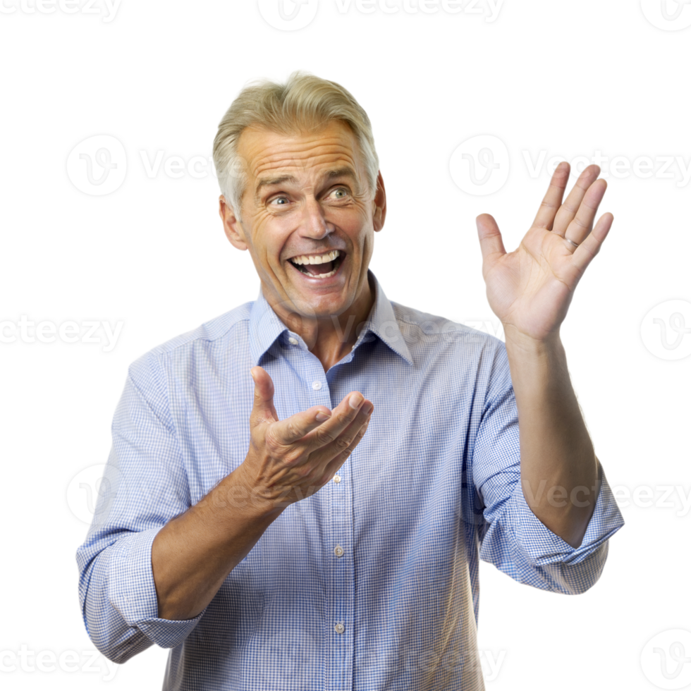 Happy Middle-Aged Man Wearing Blue Plaid Shirt Gesturing With Both Hands png