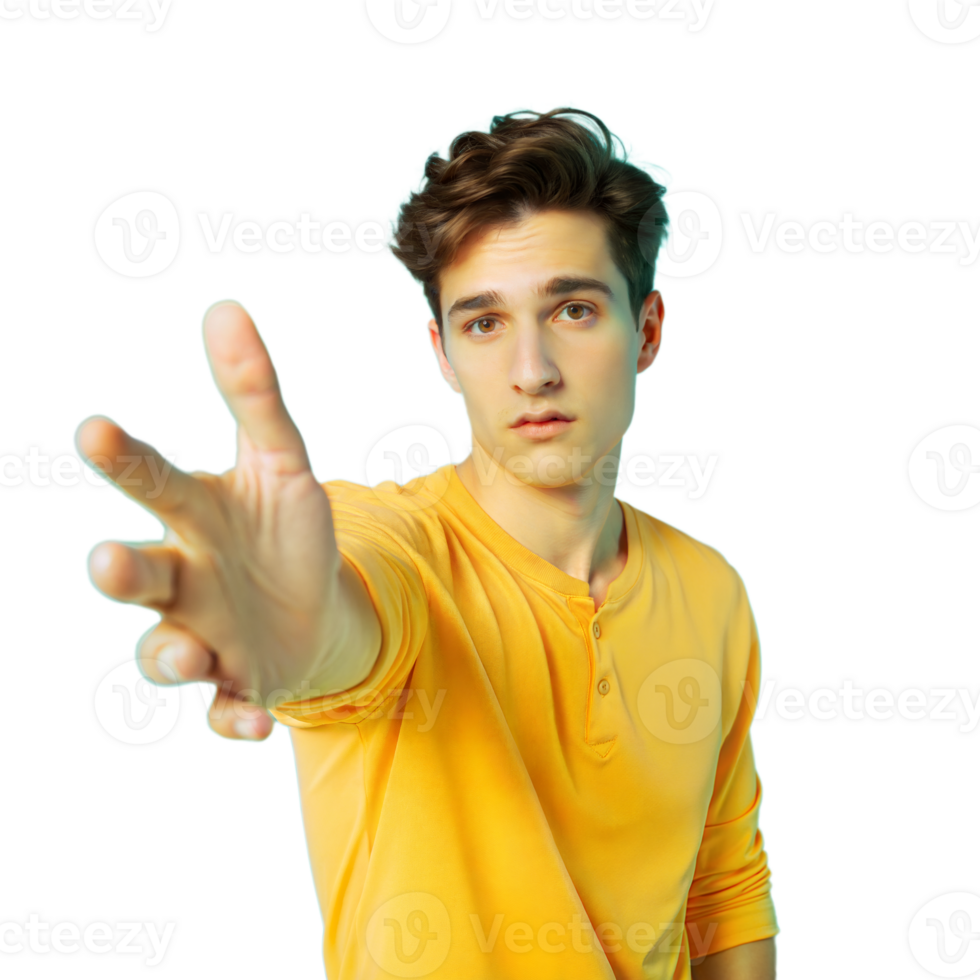Young Man Wearing Yellow Shirt Reaches Out With Open Hand png