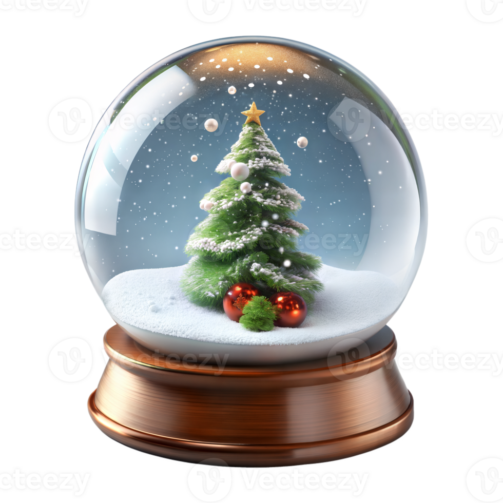 Christmas Tree Snow Globe With Wooden Base and White Snow on Transparent Background png