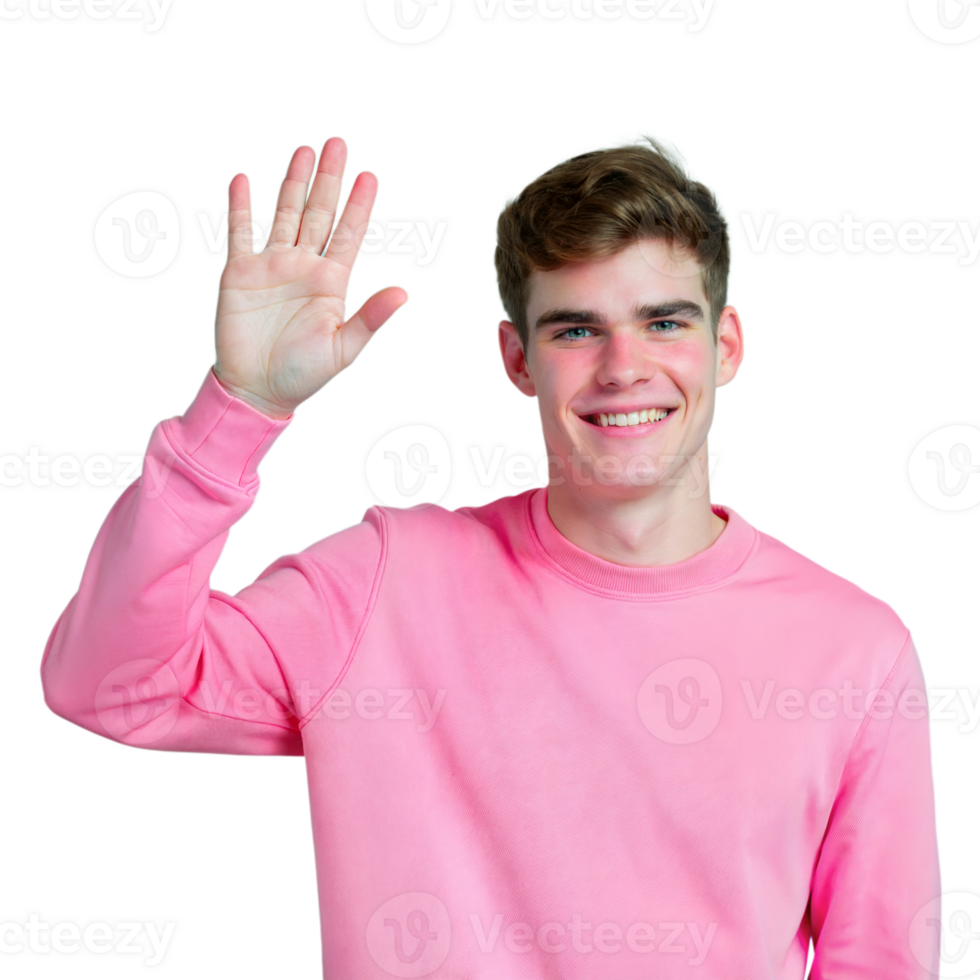 Smiling Man Wearing Pink Sweater Waving Hand png