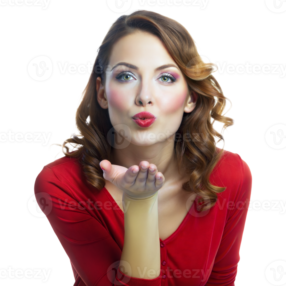 Woman Blowing a Kiss in Red Shirt With Makeup and Curly Hair png