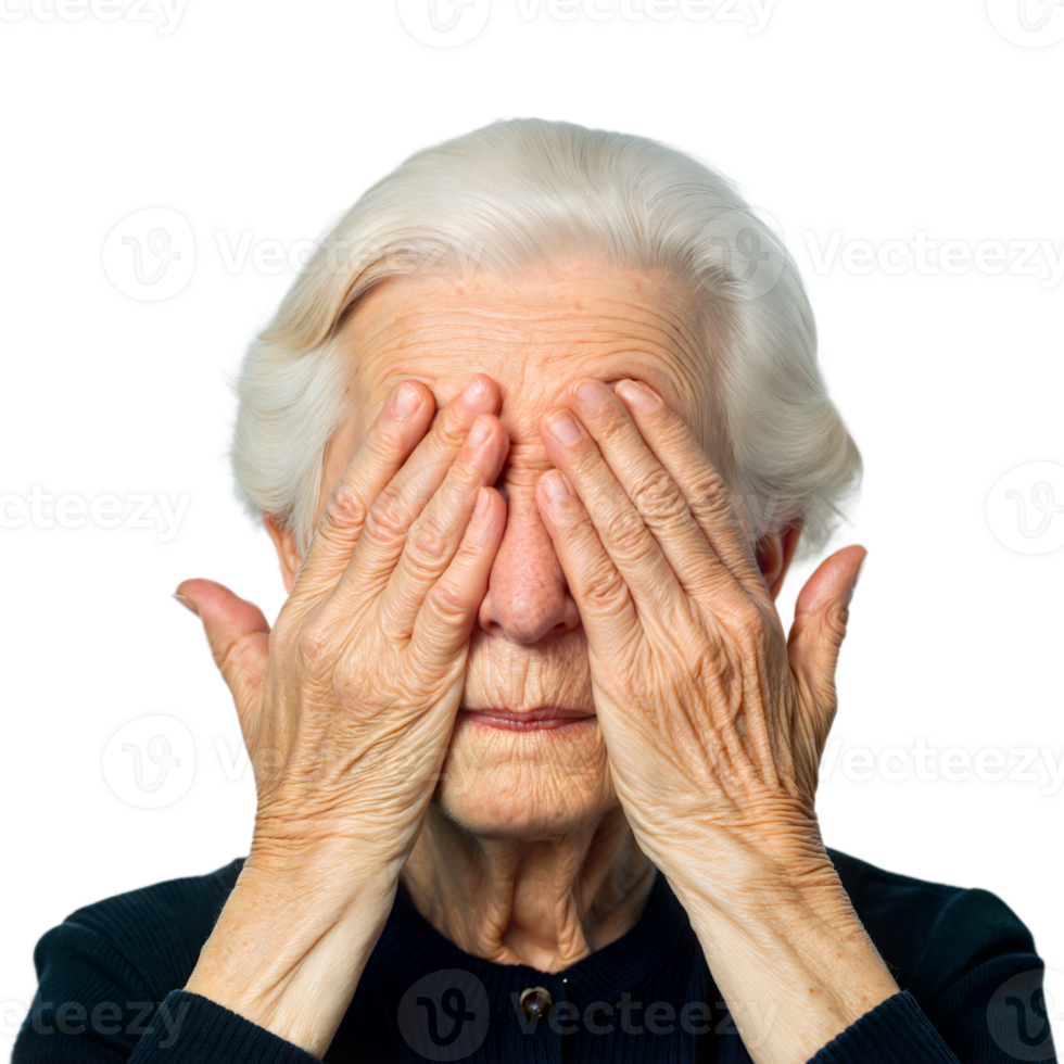 Elderly Woman Covering Her Eyes With Hands in Close-Up Portrait png