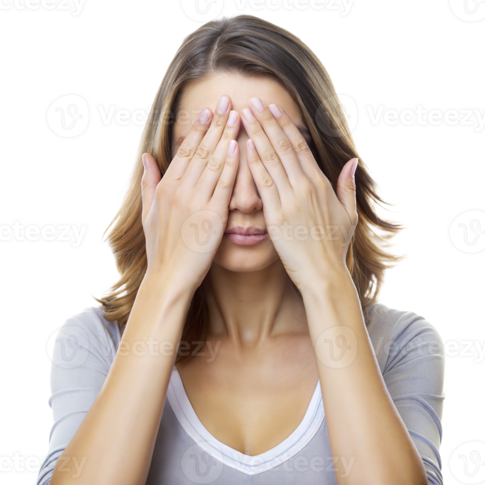 Woman Covering Her Eyes With Hands in Studio Setting png