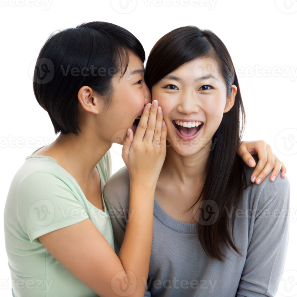 Two Young Women Whispering a Secret While Smiling on Transparent Background png