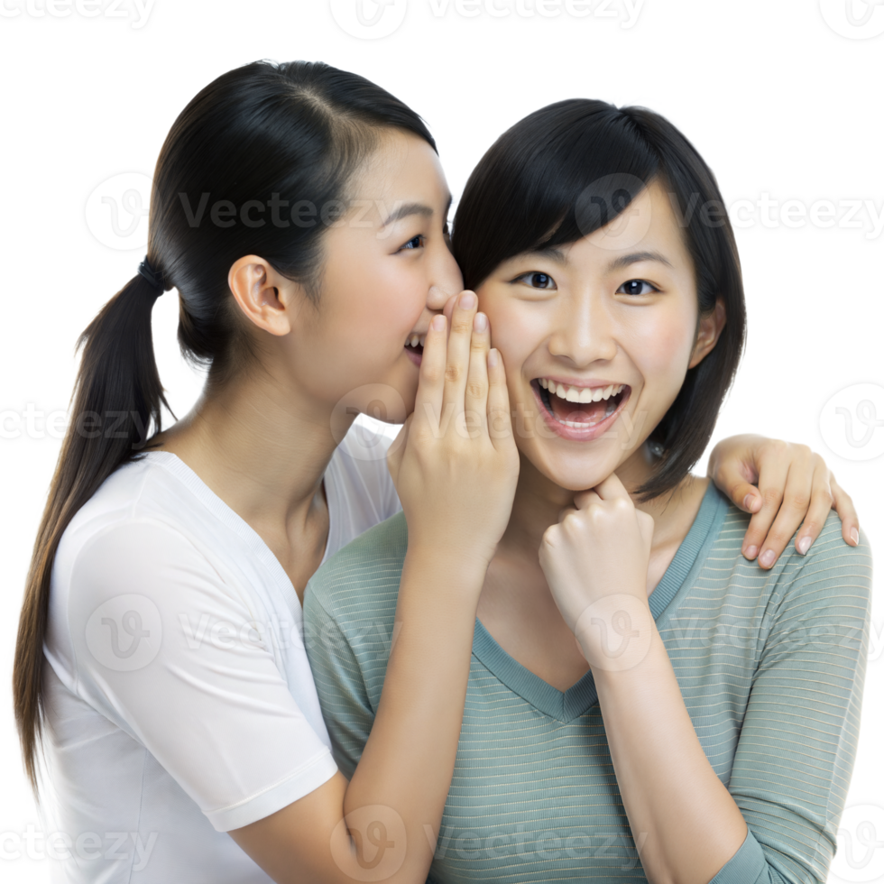Two Young Women Whisper a Secret to Each Other on Transparent Background png