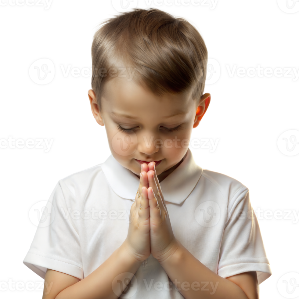 Young Boy Praying With Hands Clasped in White Shirt png