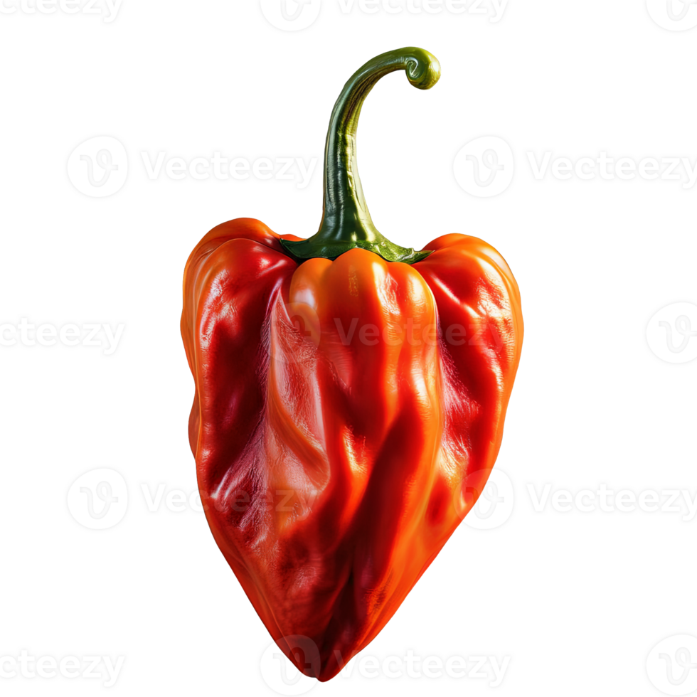 A close-up shot of a fiery red habanero pepper, showcasing its wrinkled skin and vibrant color, png