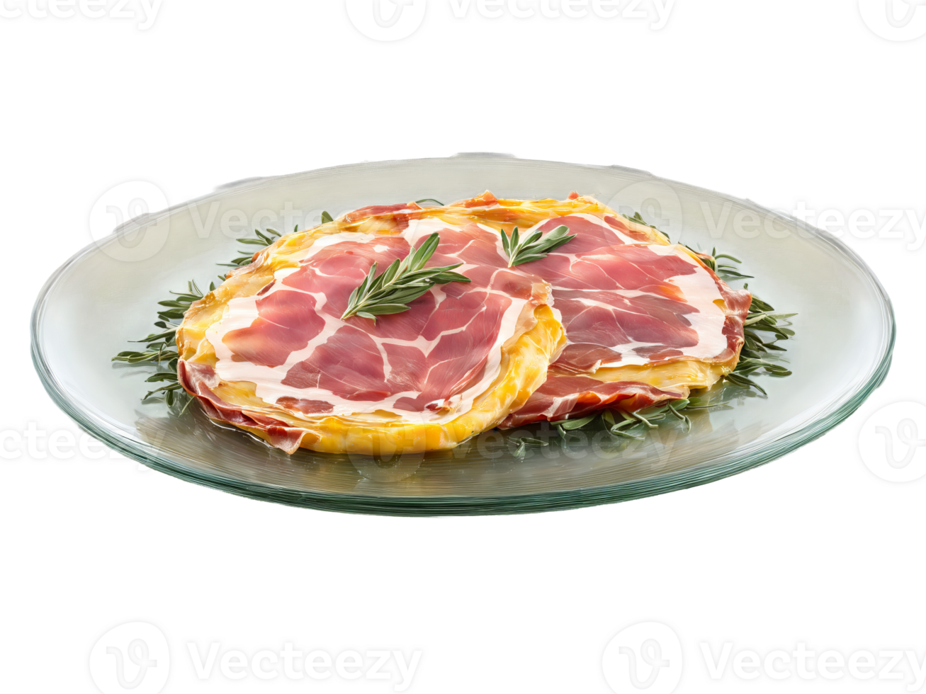 Saltimbocca alla Romana veal topped with prosciutto and sage served on a transparent glass plate png