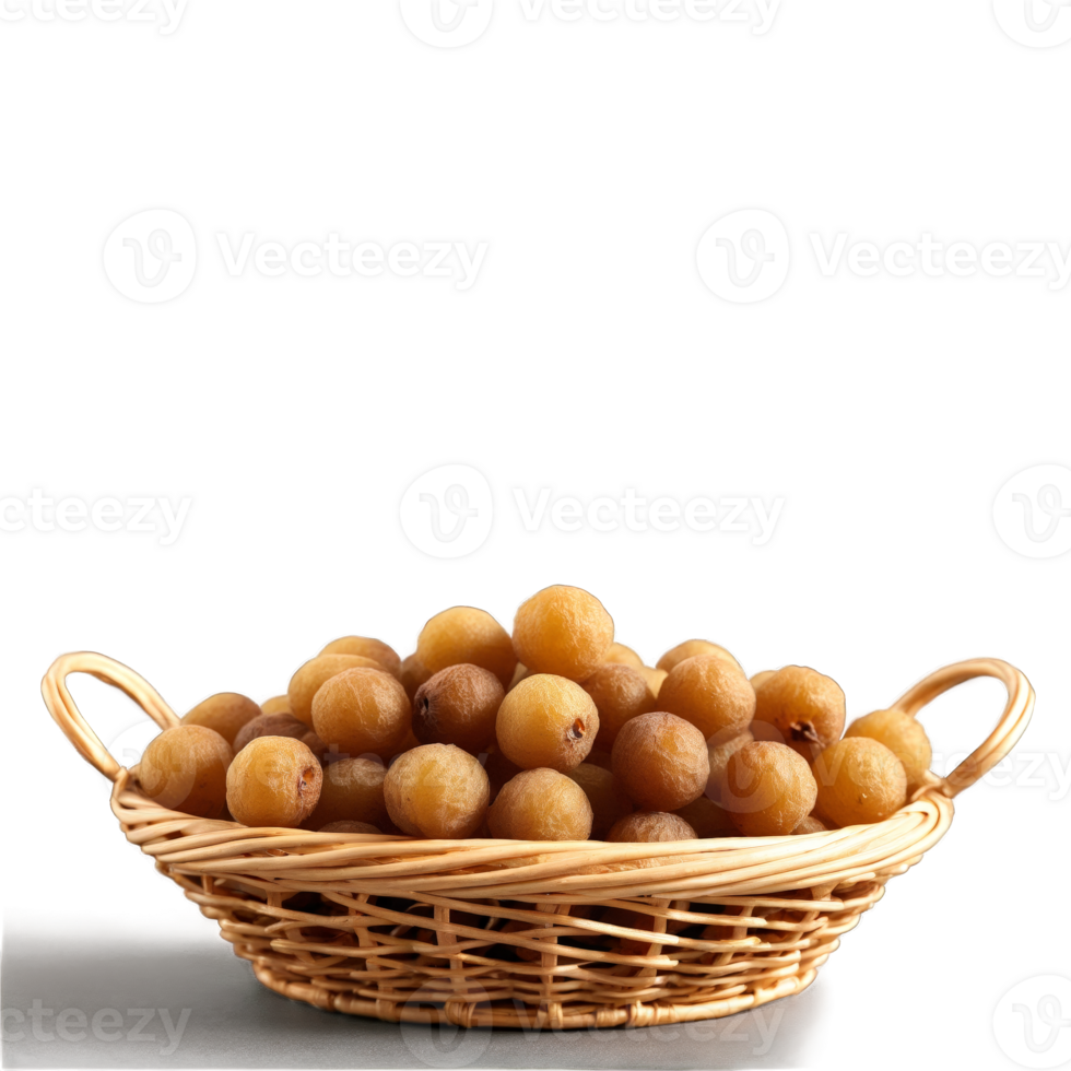 Dried longan berries in a sophisticated wicker basket light brown with a smooth surface png