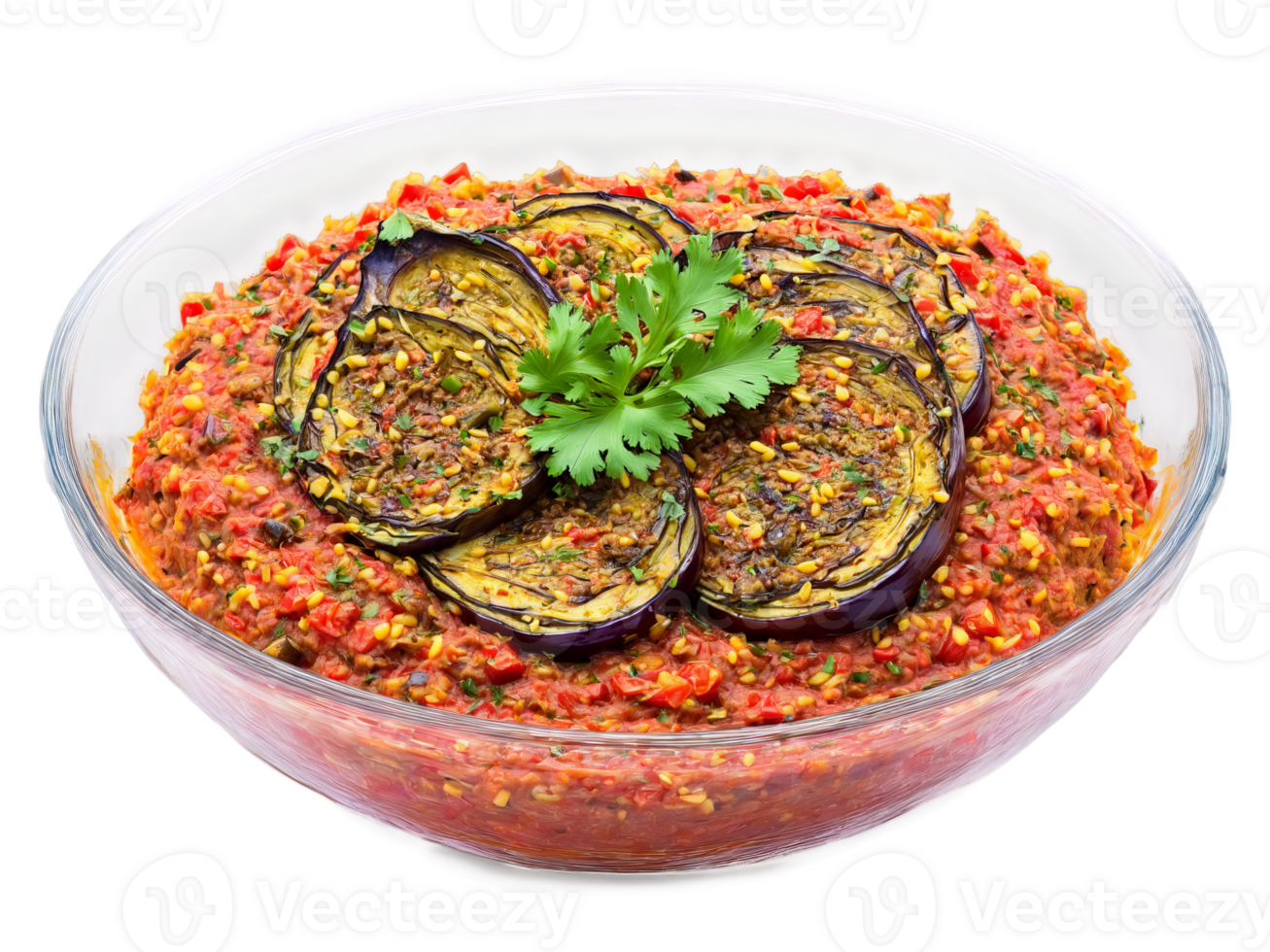 Baingan Bharta Roasted eggplant mashed with tomatoes onions and spices served in a glass bowl png