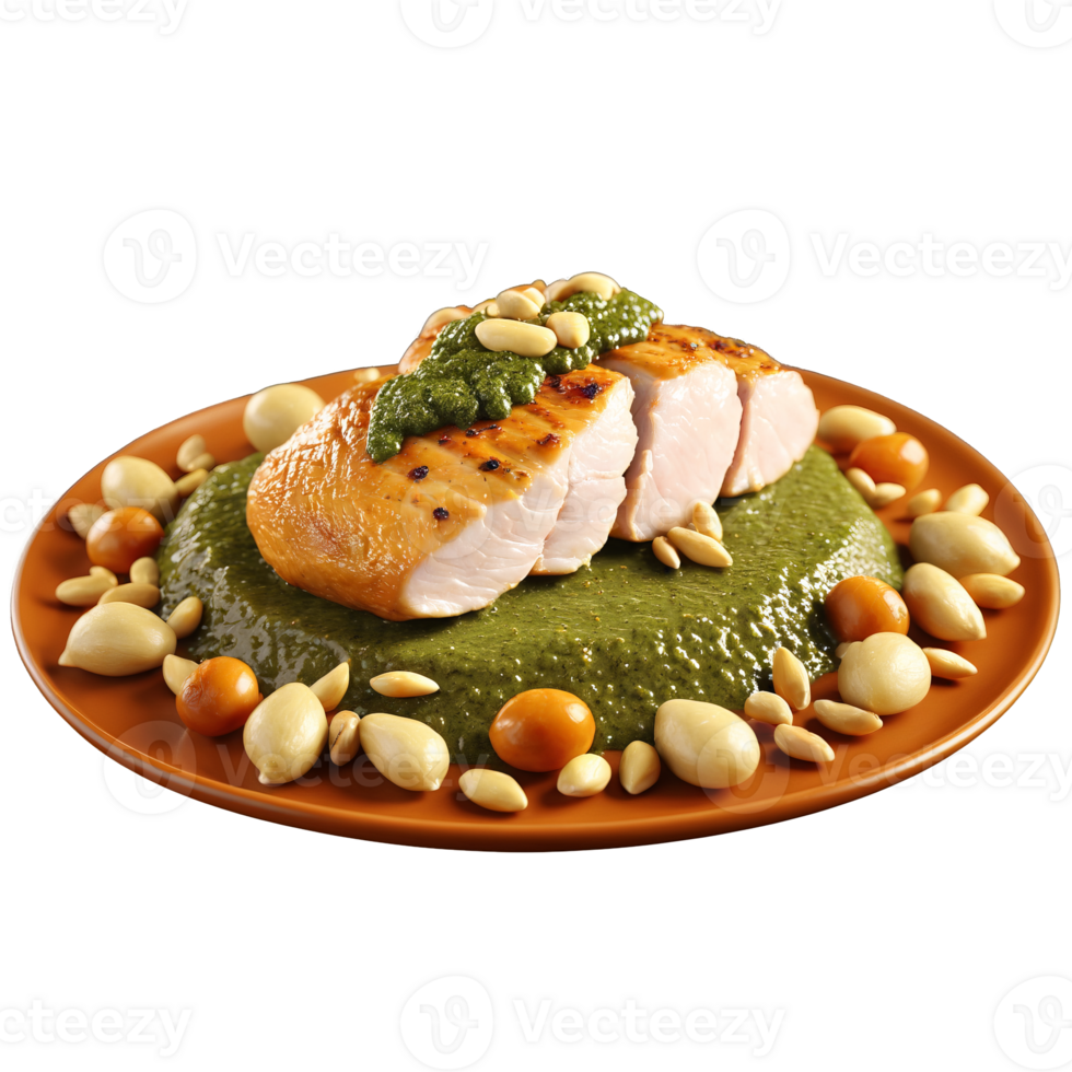 Chicken breast butterflied and raw with pesto sauce and pine nuts