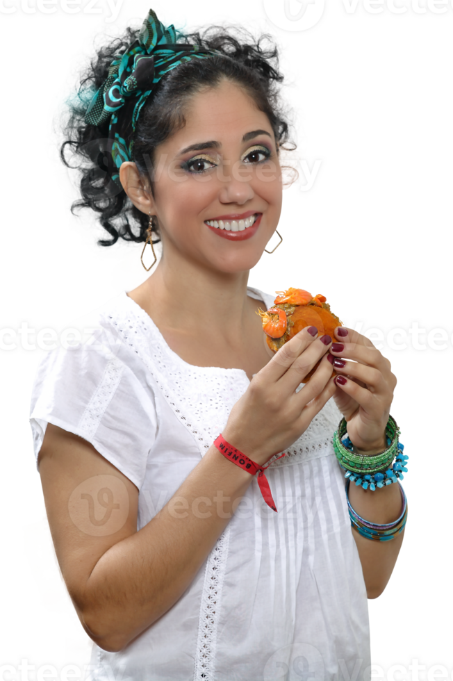 smiling Brazilian model with typical snack in hands on neutral background png