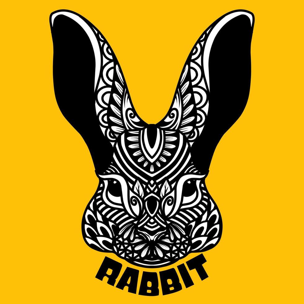 Rabbit mandala. illustration. Adult coloring page. Hare Animal in Zen boho style. Sacred, Peaceful. Tattoo print ornaments. Black and white vector