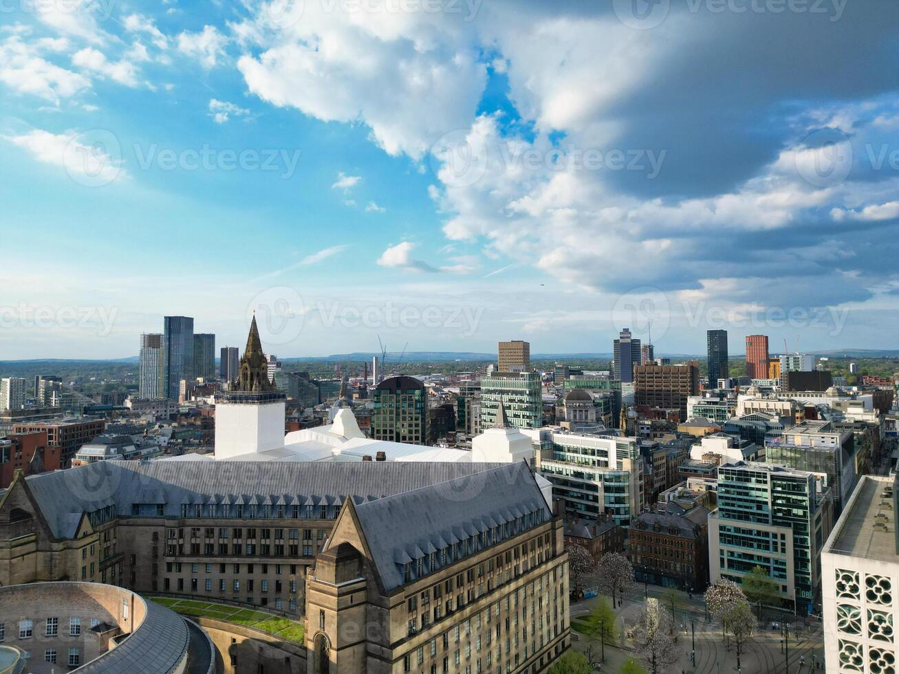 High Angle View of Greater Manchester City Centre Buildings During Beautiful Sunny day over England UK. May 5th, 2024 photo