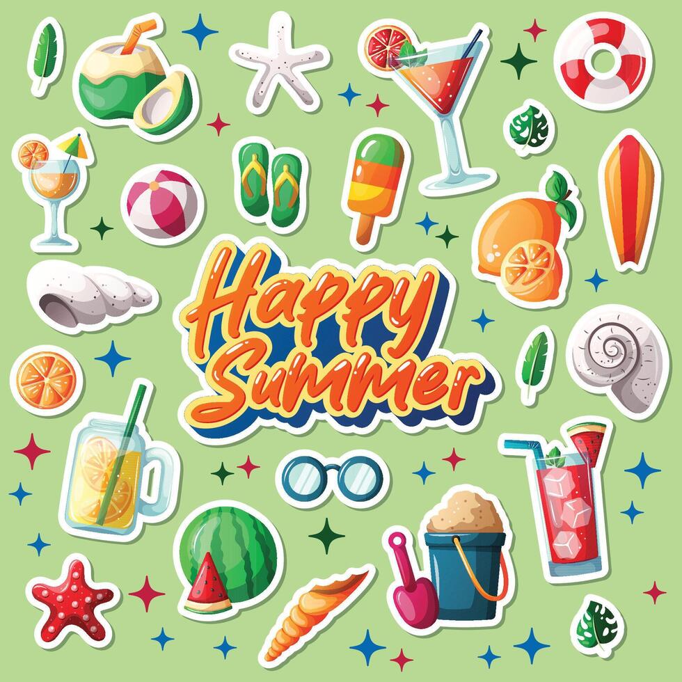 happy summer sticker illustration set vector