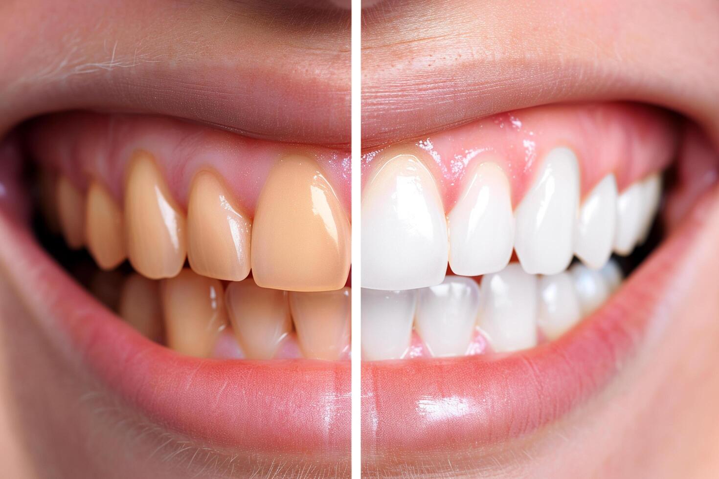 Before and after close up of teeth whitening, showing stained teeth and bright white teeth photo