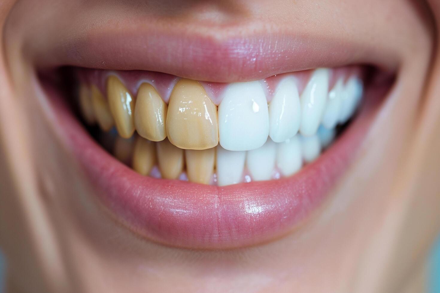 Close-up of a smiling mouth showing teeth before and after teeth whitening photo