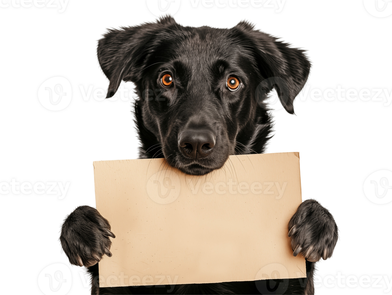 cute black dog holding a blank sign, isolated backgrond png