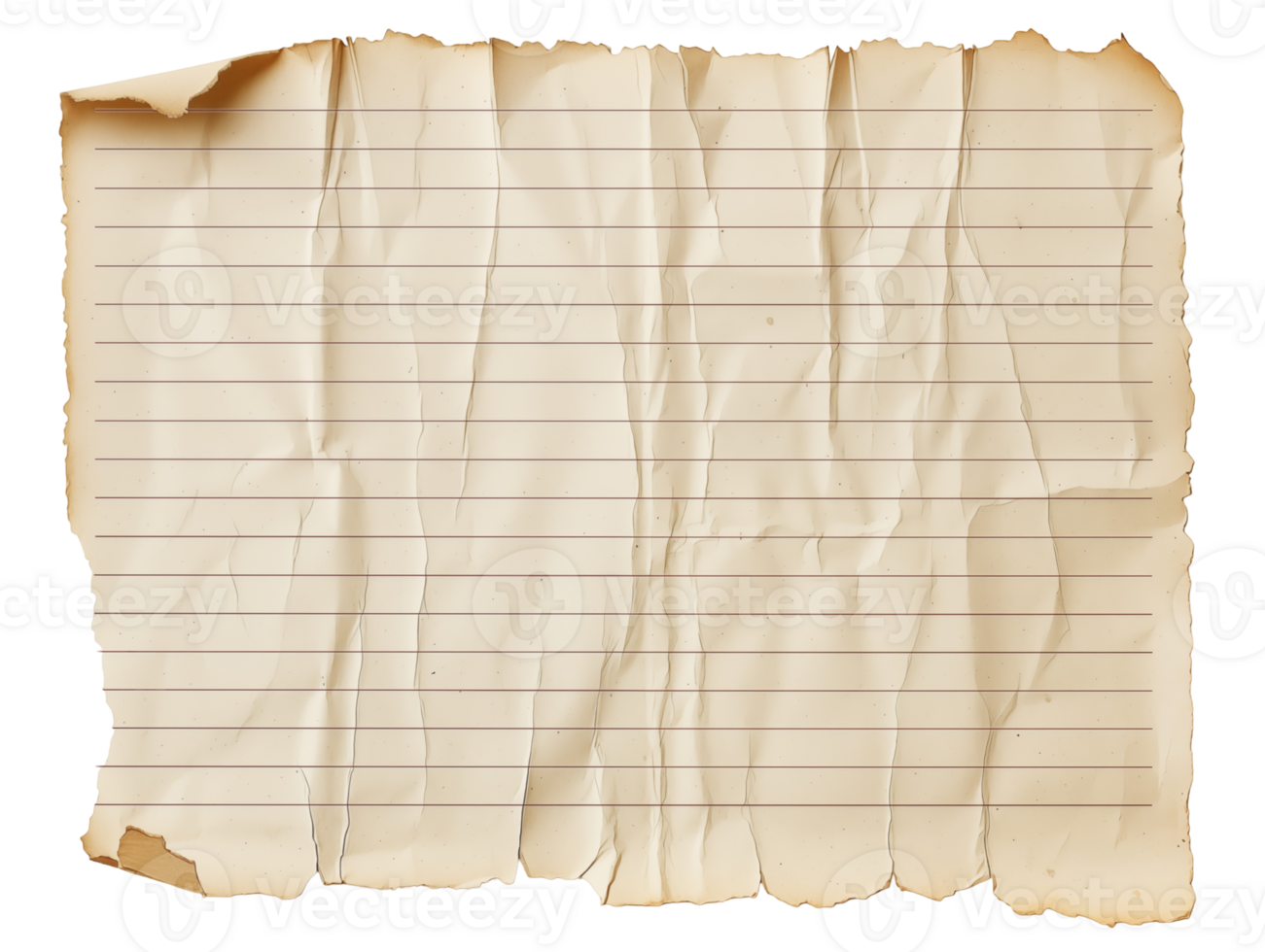 Aged Lined Notebook Paper with Torn and Wrinkled Edges on isolated background png